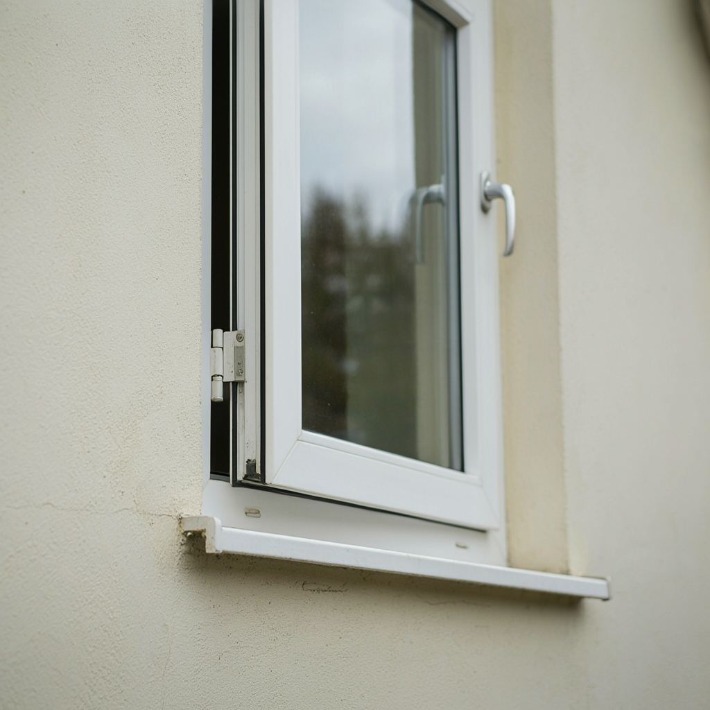 Detail van een geopend wit draaikiepraam met zichtbaar scharniermechanisme