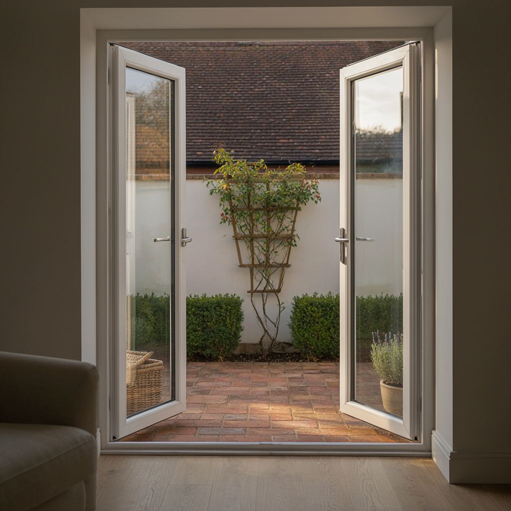 Openslaande witte kunststof tuindeuren met uitzicht op een achtertuin in Zoeterwoude