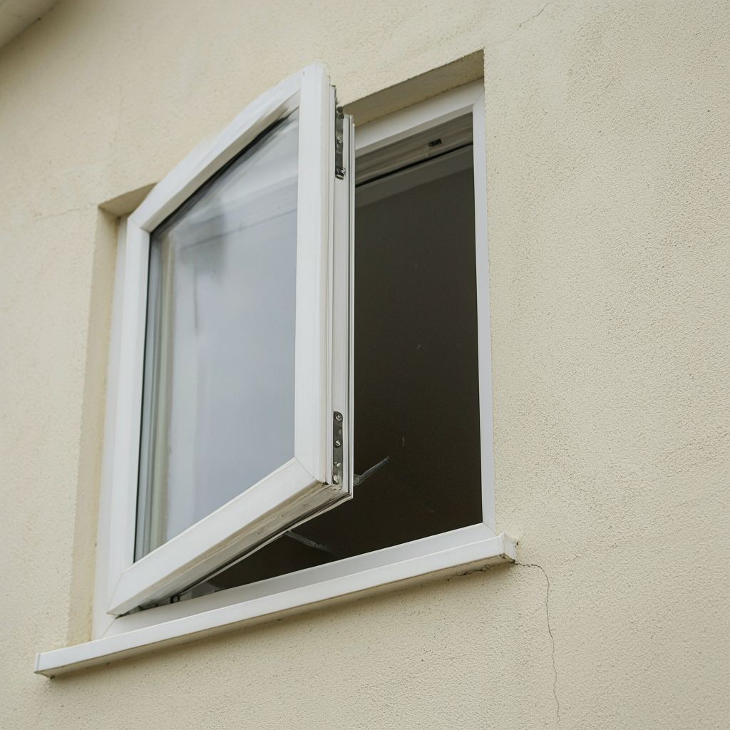 Close-up van een geopend wit draaikiepraam met zichtbare hardware