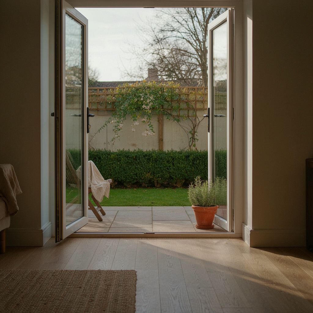 Openslaande crèmekleurige kunststof tuindeuren met zicht op een groene tuin in Voorschoten