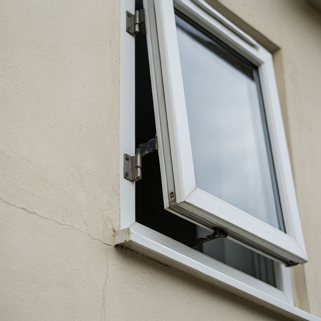 Openstaand wit kunststof draaikiepraam met zichtbaar hang- en sluitwerk in detail