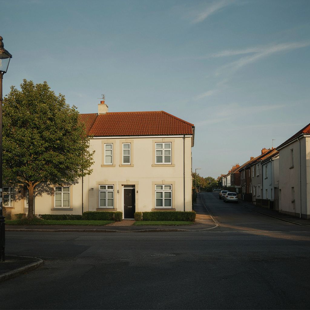 Gerenoveerde hoekwoning met crèmekleurige kunststof kozijnen aan een rustige straat in Rijnsburg