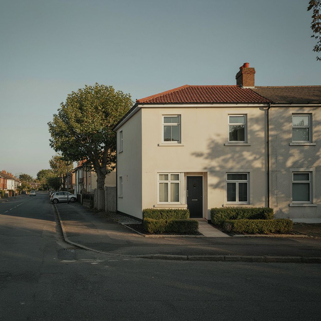Gerenoveerde hoekwoning met crèmekleurige kunststof kozijnen aan een rustige straat in Lisse